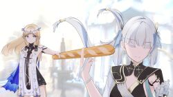2girls absurdres baguette bare_shoulders black_collar black_dress blonde_hair blue_eyes bread breasts cartethyia_(wuthering_waves) chinese_commentary closed_eyes closed_mouth collar colored_eyelashes commentary_request crown_of_thorns dress earrings floating_hair food highres holding holding_food jewelry jinhsi_(wuthering_waves) long_hair medium_breasts multiple_girls necklace pointy_ears sidelocks tabard tang_.49 white_eyelashes white_hair white_tabard wuthering_waves