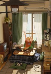 Rule 34 | 2girls, ahoge, air conditioner, blonde hair, book, bookshelf, bow, bowtie, box, cat, closed eyes, coffee grinder, cookie, copyright request, crt, cup, curtains, dolosse, falling petals, food, from above, fruit, grey hair, hair ornament, highres, holding, holding phone, indoors, jacket, kettle, kotatsu, living room, long sleeves, low twintails, mandarin orange, multiple girls, open mouth, petals, phone, pillow, plant, potted plant, rabbit ears antenna, shirt, short hair, sitting, slice of life, spade hair ornament, stretching, t-shirt, table, television, twintails, v-shaped eyebrows, yawning, yellow eyes