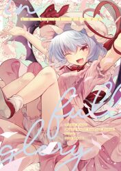 1girl ;d bloomers blue_eyes bow commentary_request cover fang flower hat hat_ribbon looking_at_viewer mob_cap one_eye_closed open_mouth outstretched_arms pink_flower pink_hat pink_skirt puffy_short_sleeves puffy_sleeves red_bow red_eyes red_ribbon red_shoes remilia_scarlet ribbon shoes short_hair short_sleeves skin_fang skirt smile socks solo spread_arms touhou underwear white_bloomers white_hair white_socks yuki_(popopo)
