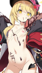 1boy 1girl absurdres bare_shoulders black_coat blonde_hair blue_archive breasts censored chocolate chocolate_on_body chocolate_on_breasts chocolate_on_penis chocolate_syrup cleft_of_venus coat collarbone commentary_request cum eating ejaculation food_on_body food_on_penis halo hetero highres ibuki_(blue_archive) loli long_hair long_sleeves mosaic_censoring naked_coat navel nipples onibi_(will_o_wisp24) open_clothes open_coat open_mouth penis pink_ribbon pointy_ears projectile_cum pussy red_sleeves ribbon ribs side_ponytail sleeves_past_fingers sleeves_past_wrists small_breasts smile standing stomach uncensored very_long_sleeves white_background yellow_eyes yellow_halo