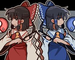 2girls alternate_color ascot black_eyes black_hair blue_bow blue_skirt bow brown_eyes brown_hair commentary detached_sleeves dual_persona frilled_bow frilled_hair_tubes frills gohei hair_bow hair_tubes hakurei_reimu hashtag-only_commentary henyomen highres holding holding_gohei long_hair multiple_girls orb player_2 red_bow red_skirt ribbon-trimmed_sleeves ribbon_trim skirt skirt_set sweatdrop touhou yellow_ascot yin_yang yin_yang_orb