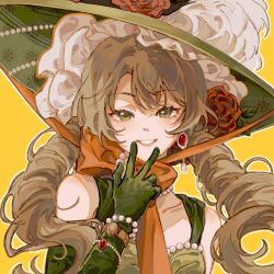1girl bare_shoulders blonde_hair bow bracelet chin_strap collarbone dress drill_hair earrings elbow_gloves flower gem gloves green_dress green_eyes green_gloves hair_between_eyes hand_to_own_mouth hat hat_feather hat_flower highres jewelry long_hair looking_at_viewer low_twintails luoyangloung multiple_bracelets necklace orange_bow outline parted_lips pearl_bracelet pearl_earrings pearl_necklace red_flower red_gemstone red_rose reverse:1999 rose simple_background sleeveless sleeveless_dress smile solo sotheby twin_drills twintails upper_body w white_outline yellow_background