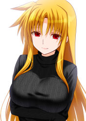1girl alternate_costume arms_under_breasts blonde_hair breasts bright_pupils choppy_bangs closed_mouth dress engo_(aquawatery) fate_testarossa large_breasts long_bangs long_hair long_sleeves looking_at_viewer lyrical_nanoha mahou_shoujo_lyrical_nanoha_strikers parted_bangs pink_lips red_eyes ribbed_sweater sidelocks simple_background smile solo sweater turtleneck turtleneck_sweater upper_body very_long_hair white_background