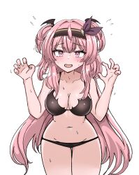 1girl bikini black_bikini black_hairband blush breasts claw_pose cleavage collarbone cowboy_shot hairband hands_up headband highres large_breasts long_hair looking_at_viewer maruking medium_breasts navel open_mouth pink_eyes pink_hair selestia_(vrchat) simple_background solo sweat swimsuit thighs two_side_up very_long_hair vrchat white_background