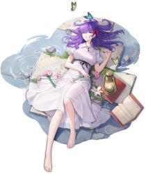 1girl barefoot blue_butterfly book bug butterfly collared_dress dress fate/stay_night fate_(series) flower full_body green_butterfly hair_between_eyes hair_ribbon heaven&#039;s_feel highres holding holding_flower insect long_hair looking_at_viewer lying mahjong_soul matou_sakura official_art on_back open_book parted_lips poodle purple_eyes purple_hair red_ribbon ribbon short_sleeves solo transparent_background white_dress