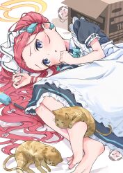 1girl animal animal_on_leg apron aqua_bow aqua_bowtie aqua_ribbon barefoot black_dress blue_archive blue_eyes blush bow bowtie box cardboard_box cat collared_dress commentary contrast_collar curled_fingers doodle_sensei_(blue_archive) dress duster forehead frilled_apron frilled_dress frills furrowed_brow hair_around_wrist hair_behind_ear hair_bow hair_ribbon hair_spread_out halo highres long_hair looking_at_viewer lying maid maid_apron maid_headdress millennium_science_school_logo official_alternate_costume official_alternate_hairstyle on_side parted_lips peeking_out ponytail power_symbol puffy_short_sleeves puffy_sleeves red_hair ribbon sensei_(blue_archive) shinshin_(ssnsn_oekaki) short_sleeves sleeping_animal solo very_long_hair white_apron white_bow white_headdress yellow_cat yellow_halo yuzu_(blue_archive) yuzu_(maid)_(blue_archive)
