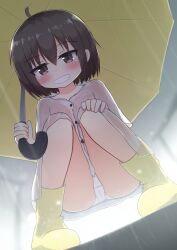 1girl ahoge blush boots brown_eyes brown_hair cameltoe cloud cloudy_sky coat collarbone crotch_seam fang flat_chest grey_coat grey_raincoat grin hand_on_own_knee holding holding_umbrella loli looking_at_viewer original panties rain raincoat rubber_boots short_hair short_sleeves sky smile squatting tai_ichi teeth umbrella underwear wet wet_clothes white_panties yellow_boots