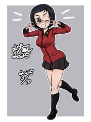 Rule 34 | 1girl, black hair, blush, breasts, full body, girls und panzer, glasses, grey background, grey eyes, grin, katsuya megu, large breasts, looking at viewer, military uniform, one eye closed, short hair, simple background, smile, solo, st. gloriana&#039;s military uniform, takahashi kurage, wink