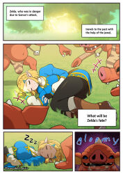1girl black_gloves black_pantyhose blue_shirt bokoblin boots braid brown_footwear colored_skin elf english_text everyday2 fingerless_gloves game_screenshot_background gloves hair_ornament hairclip highres imminent_rape long_sleeves medium_hair nintendo orange_skin pantyhose pointy_ears princess_zelda screenshot_background shirt sleeping the_legend_of_zelda the_legend_of_zelda:_tears_of_the_kingdom