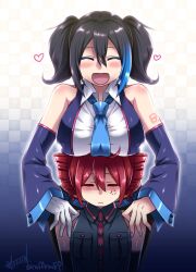 2girls :d =_= ^_^ ahoge anger_vein artist_name bare_shoulders black_hair blue_necktie blush breast_rest breasts breasts_on_head caffein checkered_background closed_eyes commentary_request detached_sleeves drill_hair frown gloves hair_between_eyes hands_on_another&#039;s_shoulders heart highres kasane_teto multicolored_hair multiple_girls necktie open_mouth red_hair short_twintails signature single_glove smile streaked_hair twin_drills twintails twitter_username utau white_gloves yokune_ruko