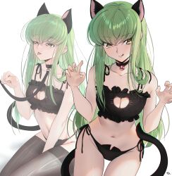 1girl :q absurdres animal_ears bell black_bra black_choker black_panties blush bra breasts budgiepon c.c. cat_cutout cat_ears cat_lingerie cat_tail choker claw_pose cleavage cleavage_cutout closed_mouth clothing_cutout code_geass collarbone commentary_request cowboy_shot green_hair groin hair_over_shoulder hands_up highres holding holding_leash jingle_bell leash long_hair looking_at_viewer medium_breasts meme_attire multiple_views naughty_face navel neck_bell panties paw_pose side-tie_panties signature simple_background sitting smile stomach straight_hair tail thigh_gap tongue tongue_out underwear underwear_only very_long_hair w_arms white_background yellow_eyes