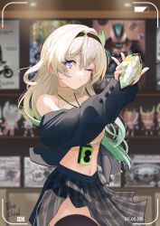 1girl :t absurdres alternate_costume artist_name bare_shoulders battery_indicator black_hairband black_jacket black_thighhighs blazer blue_pupils bluecloud137 blurry blurry_background breasts camera closed_mouth commentary_request cowboy_shot crop_top fake_phone_screenshot fake_screenshot figure firefly_(honkai:_star_rail) gradient_hair green_hair grey_hair grey_skirt hair_between_eyes hairband henshin_pose highres holding honkai:_star_rail honkai_(series) indoors jacket lanyard long_hair looking_at_viewer medium_breasts midriff multicolored_hair navel off_shoulder one_eye_closed poster_(object) purple_eyes shelf skirt sleeveless sleeveless_turtleneck solo thighhighs turtleneck viewfinder