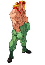 1boy alex_(street_fighter) blonde_hair blue_eyes bodypaint boots closed_mouth facepaint fingerless_gloves from_side frown game_cg gloves green_gloves green_overalls headband highres long_hair long_sidelocks male_focus muscular nishimura_kinu non-web_source official_art overalls ponytail red_headband sidelocks simple_background solo standing street_fighter street_fighter_iii_(series) topless_male veins veiny_arms white_background