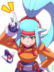 Rule 34 | 1girl, aqua hair, ashe (mega man), black bodysuit, bodysuit, cropped jacket, green eyes, hand on own hip, headband, high ponytail, highres, jacket, long hair, looking at viewer, mega man (series), mega man zx, mega man zx advent, model a (mega man), nobuyu (77yusei), orange jacket, ponytail, red headband, smile, teeth, upper body, very long hair, white background