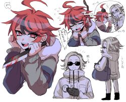 2boys 2ybnb9agfd2867 ahoge anger_vein angry aotsuki_eito black_gloves black_shoes black_streaks blood bloody_knife cropped_torso flying_sweatdrops glasses gloves grabbing_another&#039;s_hair grey_hair grey_jacket hands_up highres holding holding_knife hood hoodie image_in_speech_bubble jacket knife light_blush male_focus middle_finger multicolored_hair multicolored_jacket multiple_boys multiple_views noose pants possessed red_eyes red_hair shoes short_hair simple_background spoilers streaked_hair sumino_takumi sunglasses sweat the_hundred_line_-last_defense_academy- two-tone_jacket white_background white_hoodie white_jacket white_pants