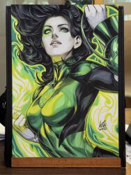 Rule 34 | 1girl, abstract background, black bodysuit, black hair, bodysuit, colorful background, dc comics, facial mark, floating hair, gloves, green background, green bodysuit, green eyes, green lantern, green lantern (series), green lantern corps, heterochromia, highres, holding, holding lantern, jessica cruz, jewelry, lantern, long hair, looking up, pale skin, parted lips, photo (medium), pink lips, power ring (green lantern), ring, signature, solo, stanley lau, two-tone bodysuit, white background, white gloves