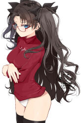 1girl arms_under_breasts bespectacled black_hair black_thighhighs blue_eyes blush breasts commentary_request cowboy_shot crossed_arms dated fate/stay_night fate_(series) glasses hair_ribbon kinako_(mzknk0) long_hair looking_at_viewer medium_breasts no_pants panties red-framed_eyewear red_sweater ribbon signature simple_background solo sweater taut_clothes thighhighs tohsaka_rin turtleneck turtleneck_sweater two_side_up underwear very_long_hair watermark wavy_hair white_background white_panties