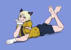 1boy animal_ears blonde_hair cat_boy cat_ears feet feet_up foot_focus gloves hellsing legs_up nazi necktie schroedinger_(hellsing) sharp_teeth shorts smug soles solo teeth toes uniform