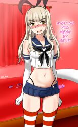 1girl absurdres bed black-framed_eyewear black_hairband black_neckerchief black_panties blonde_hair blue_sailor_collar blush breasts condom condom_wrapper cosplay crop_top dildo elbow_gloves english_text glasses gloves green_eyes hairband hama_(zarulzaharudin) highleg highleg_panties highres horizontal-striped_thighhighs kantai_collection long_hair microskirt navel neckerchief nose_blush panties perrine_h._clostermann sailor_collar sex_toy shimakaze_(kancolle) shimakaze_(kancolle)_(cosplay) skirt small_breasts solo standing strike_witches striped_clothes striped_thighhighs thighhighs thong underwear vibrator white_gloves world_witches_series yellow_eyes