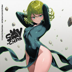 Rule 34 | 1girl, artist logo, breasts, cleft of venus, cowboy shot, curly hair, dress, green dress, green eyes, green hair, logo, no panties, one-punch man, pelvic curtain, pussy, pussy peek, short hair, skin tight, small breasts, solo, soyiamchan, tatsumaki, thighs
