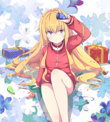 Rule 34 | 1girl, bare legs, blonde hair, blush, box, expressionless, feet out of frame, gabriel dropout, gabriel tenma white, gift, gift box, grey eyes, jacket, knee up, legs, long hair, looking at viewer, sitting, solo, track jacket, ukami, very long hair