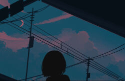 Rule 34 | 1girl, blue sky, cloud, cloudy sky, commentary request, crescent moon, dark, ele artworks, highres, minimalism, moon, original, outdoors, power lines, scenery, short hair, signature, silhouette, sky, solo, sunset, utility pole
