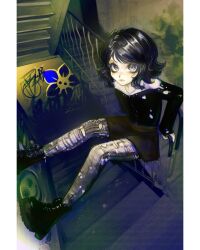 Rule 34 | 1girl, black boots, black pantyhose, black shirt, black skirt, blush, boots, commentary, english commentary, expressionless, eyeshadow, flat chest, graffiti, grey eyes, highres, jewelry, makeup, necklace, orange eyeshadow, original, pantyhose, pillarboxed, shirt, shirt tucked in, short hair, skirt, solo, stairs, stairwell, torn clothes, torn pantyhose, torn shirt, valxnii