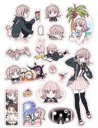 2boys 4girls :o beolgug black_jacket black_thighhighs blush brown_hair brown_skirt controller danganronpa_(series) danganronpa_2:_goodbye_despair dress_shirt flipped_hair full_body game_controller glass hair_horns highres hinata_hajime jacket komaeda_nagito long_sleeves medium_hair miniskirt mioda_ibuki monomi_(danganronpa) multicolored_hair multiple_boys multiple_girls nanami_chiaki neck_ribbon open_clothes open_jacket palm_tree pink_ribbon pink_shoes pleated_skirt pout ribbon saionji_hiyoko shirt shirt_tucked_in shoes skirt sonia_nevermind standing sticker thighhighs tree water white_background white_shirt zettai_ryouiki