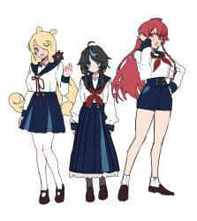 3girls absurdres arataka_mimi black_hair black_skirt blonde_hair blue_eyes blue_hair blue_sailor_collar blue_shorts blush braid breasts cmyk:_sameda_kazuou_wa_chuunibyou_ga_naosenai commentary_request creature creature_on_shoulder hair_over_one_eye hair_over_shoulder hand_on_own_hip high-waist_shorts highres ikezaki_shian koba large_breasts lineup long_hair long_skirt long_sleeves looking_at_viewer low_twintails multiple_girls neck_ribbon neckerchief on_shoulder pantyhose prototype_design purple_eyes red_eyes red_hair red_neckerchief red_ribbon ribbon sailor_collar school_uniform serafuku shirt short_shorts shorts side_braid simple_background skirt standing tasogare_kiiro tucking_hair twintails v-shaped_eyebrows waving white_pantyhose white_shirt