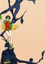 1boy animification batman batman_(series) batman_symbol belt black_cape black_hair black_mask cape child cowl dc_comics dick_grayson domino_mask mask multiple_persona nightwing phenan robin_(dc) short_hair simple_background smile solo superhero_costume trust_me_(durarara!!) two-tone_bodysuit utility_belt yellow_cape