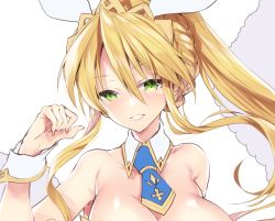 1girl 218 animal_ears armpits artoria_pendragon_(fate) artoria_pendragon_(swimsuit_ruler)_(fate) artoria_pendragon_(swimsuit_ruler)_(first_ascension)_(fate) bare_shoulders blonde_hair blue_necktie braid breasts cleavage detached_collar fake_animal_ears fate/grand_order fate_(series) female_focus french_braid green_eyes large_breasts leotard necktie playboy_bunny ponytail rabbit_ears sidelocks solo upper_body white_leotard wrist_cuffs