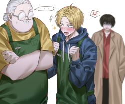 Rule 34 | 3boys, anger vein, apron, black hair, blonde hair, blue hoodie, blush, brown coat, coat, crossed arms, facial hair, glasses, gomang1201, green apron, hat, highres, hood, hoodie, implied yaoi, jealous, long coat, long sleeves, male focus, multiple boys, nagumo (sakamoto days), red shirt, sakamoto days, sakamoto taro, shin (sakamoto days), shirt, sparkle, spoken anger vein, white background, white hat, yellow shirt