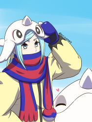 1boy aqua_hair arice487 arm_up blue_background blue_mittens blue_scarf cetoddle commentary_request creatures_(company) eyelashes game_freak grusha_(pokemon) hand_on_headwear heart highres holding jacket long_sleeves male_focus mittens nintendo poke_ball_print pokemon pokemon_(creature) pokemon_sv scarf scarf_over_mouth striped_clothes striped_scarf themed_object twitter_username upper_body yellow_jacket