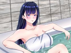 Rule 34 | 1girl, bathroom, bathtub, breasts, cleavage, closed mouth, collarbone, commentary request, earrings, highres, honkai (series), honkai impact 3rd, jewelry, large breasts, large variant set, long hair, mordrex art, naked towel, purple eyes, purple hair, raiden mei, raiden mei (apho), solo, towel, variant set, very long hair