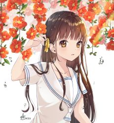 1girl amick_(americanomix) bad_id bad_pixiv_id breasts brown_eyes brown_hair collarbone female_focus flower fruits_basket hair_behind_ear hair_ribbon hair_strand hand_up honda_tooru long_hair looking_at_viewer neckerchief red_flower ribbon school_uniform serafuku short_sleeves solo sunlight trumpet_creeper upper_body water_drop white_background