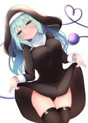 1girl alternate_costume black_panties black_thighhighs blush breasts cameltoe closed_mouth clothes_lift dress dress_lift green_eyes green_hair heart heart_of_string hood komeiji_koishi lifting_own_clothes long_hair long_sleeves looking_at_viewer nun panties part1550105 simple_background solo thighhighs third_eye touhou underwear white_background