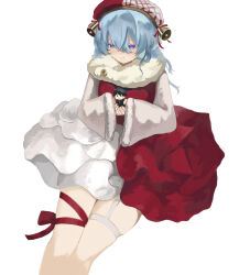 1girl absurdres alternate_costume blue_hair character_doll closed_mouth colored_eyelashes commentary_request doll dress hair_between_eyes hat highres holding holding_doll long_hair lune_(illust_lune) male_rover_(wuthering_waves) objectification purple_eyes red_dress red_hat rover_(wuthering_waves) shorekeeper_(wuthering_waves) simple_background smile solo two-tone_dress two-tone_hat white_background white_dress white_hat wuthering_waves