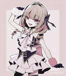 1girl back_ribbon bare_arms black_corset black_gloves black_ribbon black_vest blunt_bangs border bow bowtie collared_shirt colored_inner_hair corset cowboy_shot cropped_vest drill_hair fang frilled_ribbon frilled_shirt frilled_skirt frilled_sleeves frills fur-trimmed_gloves fur_trim gloves gold_trim grey_hair hair_intakes hair_ribbon heart highres idol_clothes jewelry layered_skirt long_hair looking_at_viewer makaino_ririmu miniskirt multicolored_hair nijisanji nijisanji_idol_uniform official_alternate_costume open_clothes open_mouth open_vest outline outside_border pink_border pink_brooch pink_fur pink_hair pink_ribbon polka_dot polka_dot_background red_eyes rei_mo0012 ribbon shirt sidelocks simple_background skirt smile solo streaked_hair thigh_strap tiara two_side_up vest virtual_youtuber white_bow white_bowtie white_fur white_outline white_shirt white_skirt