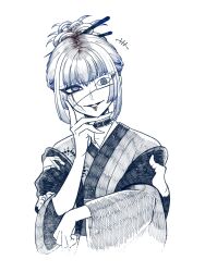 1girl genderswap genderswap_(mtf) greyscale hand_up highres looking_at_viewer monochrome omokage_yugamu one_eye_covered simple_background smile solo solo_focus the_hundred_line_-last_defense_academy- white_background