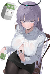 1girl absurdres black_bra black_pantyhose black_skirt blue_archive bra bra_visible_through_clothes breasts button_gap chair cleavage commentary doodle_sensei_(blue_archive) halo highres holding_carton large_breasts long_hair looking_at_viewer milk milk_carton movik on_chair pantyhose pencil_skirt purple_hair sensei_(blue_archive) shirt sitting skirt solo straight_hair underwear very_long_hair wet wet_clothes wet_shirt white_shirt yuuka_(blue_archive)