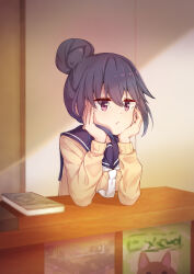 1girl absurdres blue_hair blue_sailor_collar book cardigan counter elbows_on_table hair_bun hands_on_own_face head_rest highres indoors jitome long_sleeves motosu_school_uniform neckerchief pizza_(pizzania_company) purple_eyes sailor_collar school_uniform shima_rin single_hair_bun solo upper_body white_neckerchief yellow_cardigan yurucamp