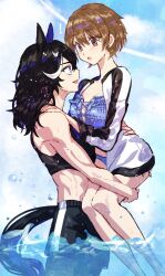 ! 2girls :d :o animal_ears bare_arms bare_legs bare_shoulders beach bikini black_hair black_shorts black_sports_bra black_tail blue_bikini blue_eyes blue_sky blush breasts brown_eyes brown_hair carrying carrying_person cleavage commentary cowboy_shot cross-laced_bikini cross-laced_clothes cross-laced_top earrings feet_out_of_frame female_trainer_(umamusume) hair_down hand_on_another&#039;s_back hand_on_another&#039;s_leg hand_on_another&#039;s_shoulder highres hoop_earrings horse_ears horse_girl horse_tail jacket jagaimobeniko jewelry katsuragi_ace_(umamusume) long_hair looking_at_another medium_breasts multicolored_hair multiple_girls open_clothes open_jacket open_mouth outdoors short_hair shorts sky smile sports_bra streaked_hair swimsuit tail toned toned_female trainer_(umamusume) umamusume wading white_hair white_jacket yuri