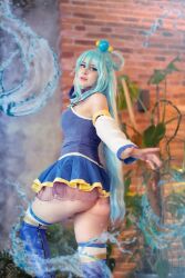 Rule 34 | 1girl, aqua (konosuba), aqua (konosuba) (cosplay), ass, bare shoulders, blue eyes, blue hair, blurry, blurry background, boots, cosplay, female focus, high heel boots, high heels, highres, kono subarashii sekai ni shukufuku wo!, long hair, looking at viewer, photo (medium), skirt, solo, suisai (cosplayer), thighhighs, white thighhighs