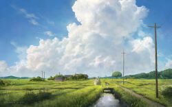 Rule 34 | 1girl, absurdres, artist name, building, chibi totoro, cloud, cloudy sky, commentary, day, grass, highres, kusakabe mei, outdoors, power lines, road, scenery, simple bird, sky, stephen njoto, stream, tonari no totoro, totoro, tree, utility pole, very wide shot