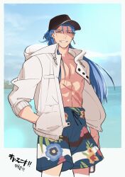 Rule 34 | 1boy, blue hair, blue sky, cloud, cowboy shot, cu chulainn (caster) (fate), cu chulainn (fate), cu chulainn (tropical rune summer) (fate), earrings, fate/grand order, fate (series), hand in pocket, hat, highres, iash, jacket, jewelry, long hair, long sleeves, looking at viewer, male focus, male swimwear, navel, ocean, open clothes, open jacket, open mouth, pectorals, red eyes, sky, smile, solo, swim trunks, toned, toned male, water, white jacket