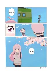 Rule 34 | 2girls, absurdres, antenna hair, arms behind back, artist name, black bow, black thighhighs, blue sky, blush stickers, bow, cherry blossoms, commentary, detached wings, english text, falling petals, grey sweater, hair bow, highres, holding, holding suitcase, lemonleaf, long hair, looking at another, maid headdress, multiple girls, mumble (shachimu), original, outdoors, petals, pink eyes, pink hair, sky, speech bubble, standing, suitcase, sweater, thighhighs, train, turtleneck, turtleneck sweater, twitter username, two side up, virtual quokka, virtual youtuber, white wings, wings