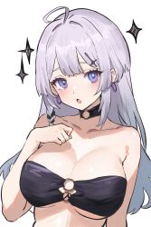 1girl ahoge asymmetrical_sidelocks bikini black_bikini black_choker black_hair blush braid breasts choker cleavage closed_mouth collarbone commentary dot_nose double-parted_bangs earrings grey_hair hand_up head_tilt highres hoop_earrings indie_virtual_youtuber jewelry kamikurai_leto large_breasts long_hair looking_at_viewer multicolored_hair o-ring o-ring_bikini o-ring_choker simple_background single_braid solo sparkle strapless strapless_bikini swimsuit two-tone_hair upper_body virtual_youtuber white_background y_uunaa