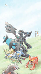 1girl 2boys ahoge bag bandages bandaid bianca_(pokemon) black_bag black_pants blue_jacket brown_hair bruise cheren_(pokemon) closed_eyes darmanitan darmanitan_(standard) excadrill fang gauze gen_5_pokemon grin hand_in_pocket highres hilbert_(pokemon) hill injury jacket legendary_pokemon looking_up multiple_boys nintendo octpaco on_grass pants pokemon pokemon_(creature) pokemon_bw red_eyes red_footwear red_headwear reshiram reshiram_(overdrive) reuniclus samurott sitting sleeping smile vanilluxe waving zekrom zekrom_(overdrive)