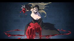 Rule 34 | bare shoulders, black dress, black hat, blonde hair, blue eyes, breasts, carrying, carrying person, cleavage, collarbone, detached collar, detached sleeves, dress, dungeon meshi, elf, falin touden, falin touden (tallman), floating, floating blood, floating hair, floating liquid, hand up, hat, hemokinesis, highres, large breasts, long hair, long pointy ears, lying, magic, marcille donato, marcille donato (lord), nude, on back, outsidershadows, pale skin, parted lips, pink lips, pointy ears, small breasts, straight hair, strapless, strapless dress