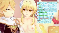 1girl 3d aether_(genshin_impact) blonde_hair brown_eyes english_text flower genshin_impact highres koikatsu_(medium) lumine_(genshin_impact) non-web_source smile yellow_eyes
